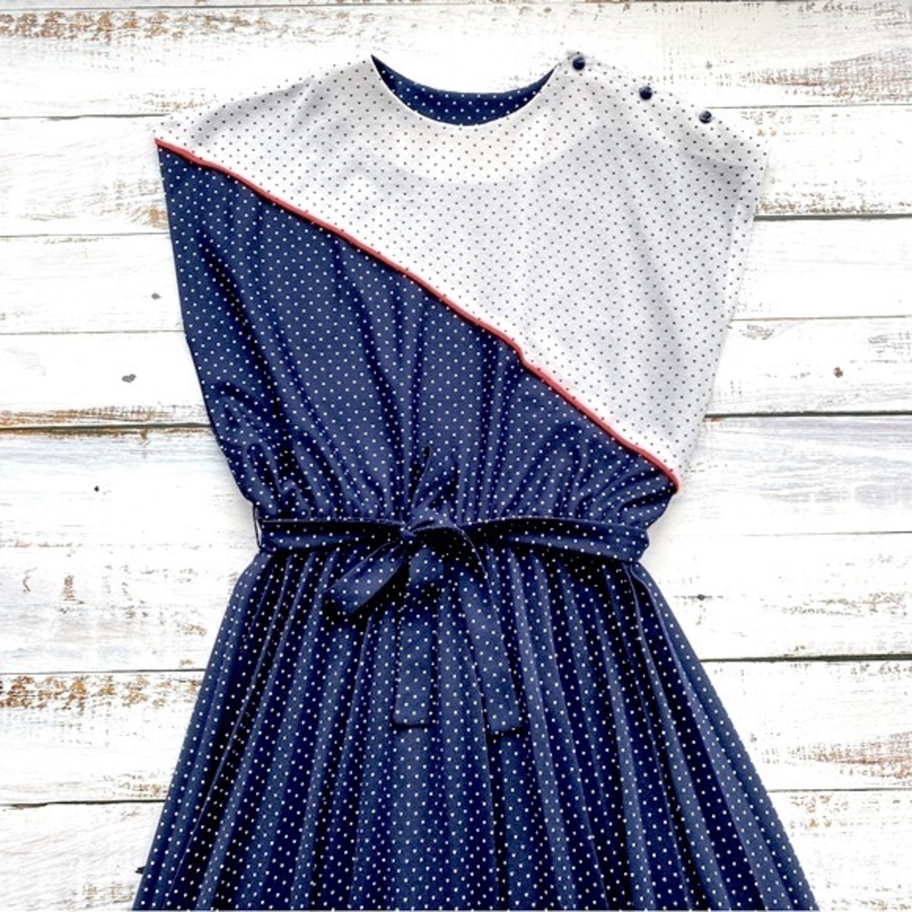 Vintage 70s 80s Kevin Stuart Dress Polka Dots Blue Pleated Secretary Womens M